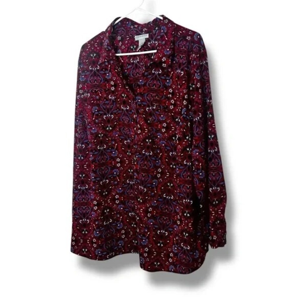 Catherines Red‎ Blue Floral Damask Popover Blouse Size 22 24